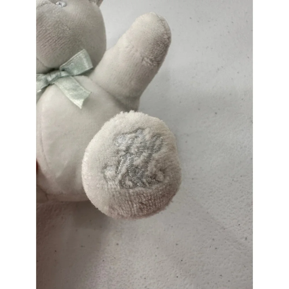 Ralph Lauren Teddy Bear Rattle Plush Stuffed Animal Light Blue Mint Bow 6 inch